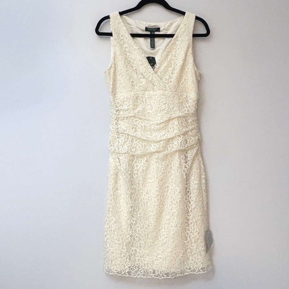 NWT Lauren Ralph Lauren Ivory Lace Rouched Sheath Dress Sz 10